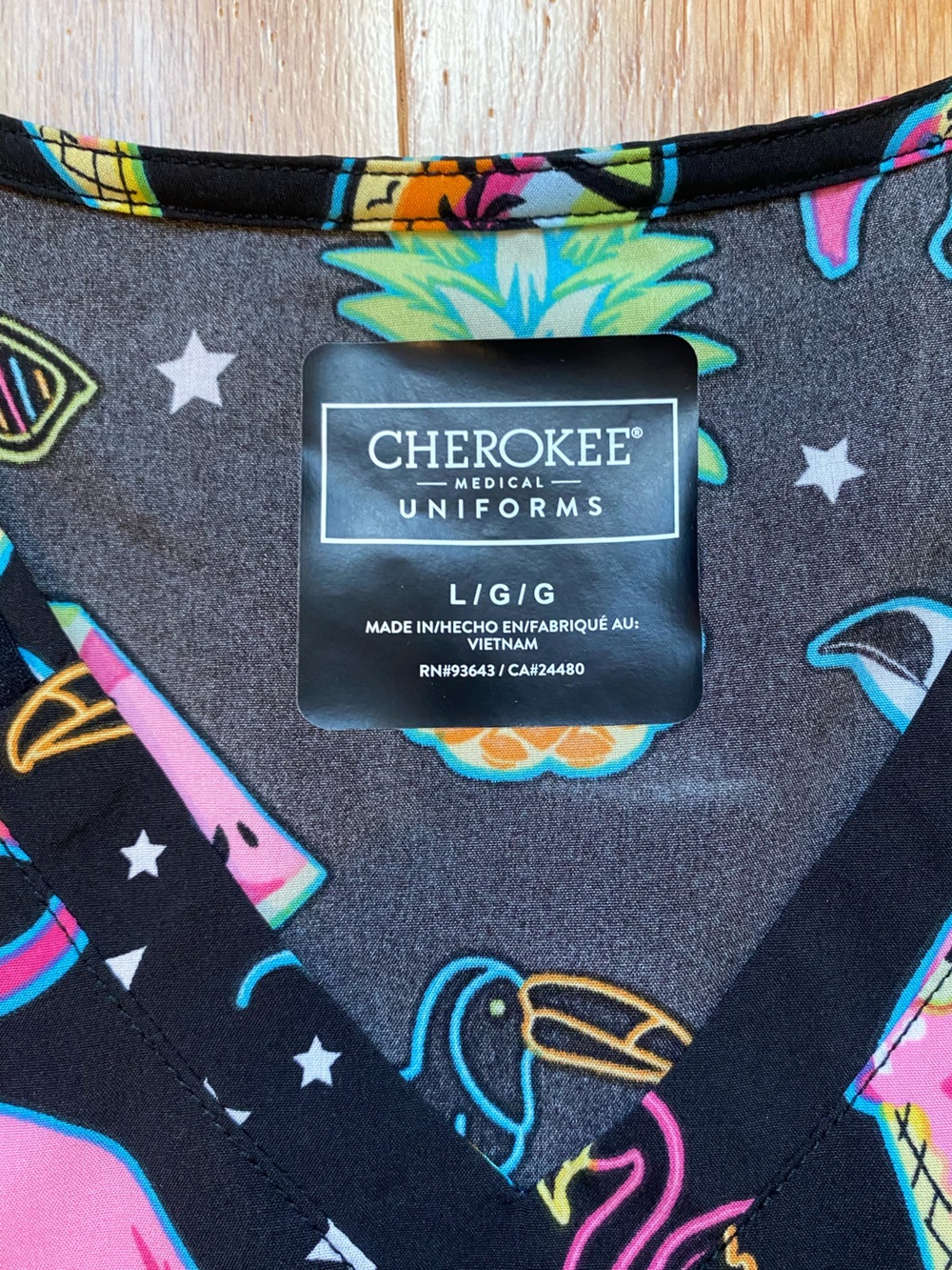Cherokee Scrub Top Black with Neon Tropical Motif - Picture 4 of 4